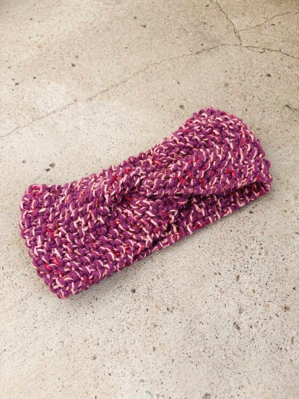 Handmade Knitted Headband/Earwarmer in Pink and Purple Wool and Silk